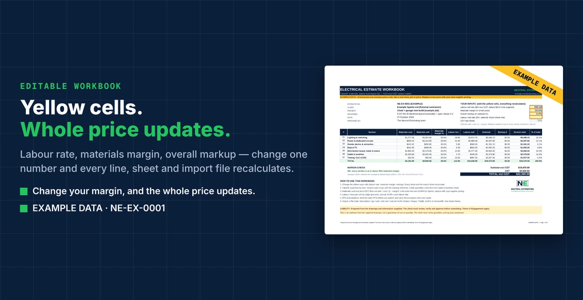 Editable workbook inputs — labour, margin and markup
