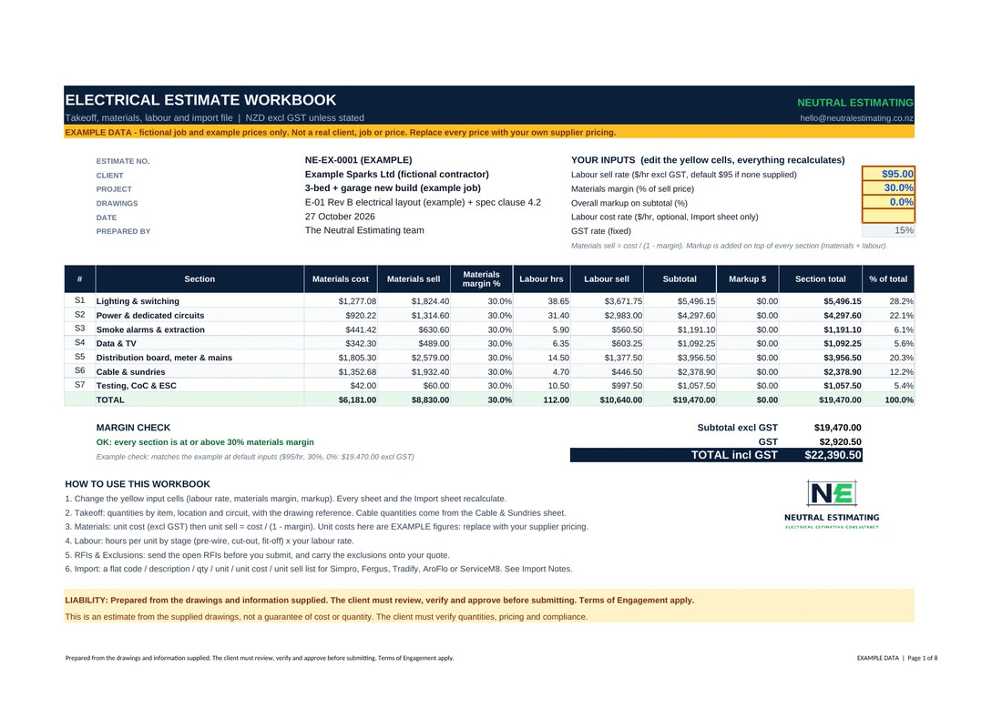 Estimate workbook summary sheet